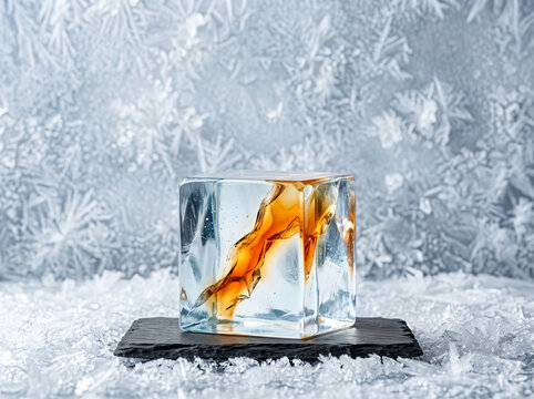 Clear ice cube containing swirling amber liquid sits on stone slate amidst frost patterns on background.