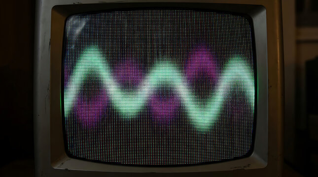 Vintage retro television screen displaying colorful abstract sine wave signal patterns