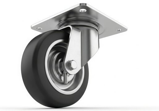 Close-up of black castor wheel with metal plate isolated on white background