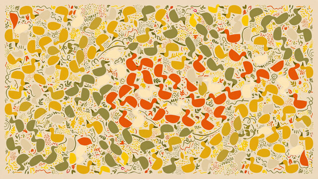 Colorful Abstract Pattern of Ducks in Shades of Orange and Yellow, with Subtle Green Accents, Creating a Playful and Whimsical Design