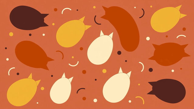 Cute cat heads and abstract shapes seamless pattern background in warm autumn colors