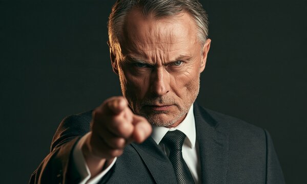 Serious mature businessman point finger forward in dark studio portrait