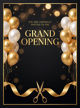 Grand opening invitation card with golden balloons and ribbon on a black background
