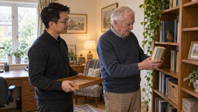 A white Irish man selects three paperbacks from a reachable shelf while an organizer waits with a shallow tray during a focused home decluttering task