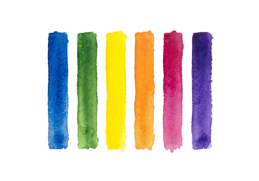 Six Colorful Watercolor Paint Brush Strokes, Isolated On Transparent Background, Png