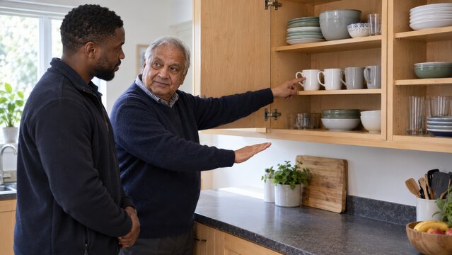 A South Asian British resident chooses one row of mugs for sorting while a volunteer listens during a clearly bounded kitchen decluttering task