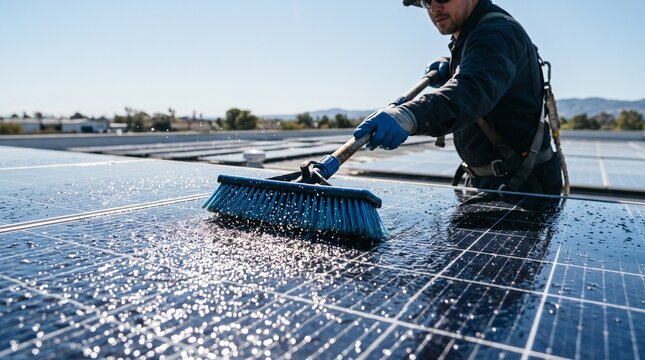 Solar Panel Maintenance: A worker meticulously cleans solar panels on a rooftop, ensuring optimal energy efficiency under a clear sky, highlighting renewable energy solutions.