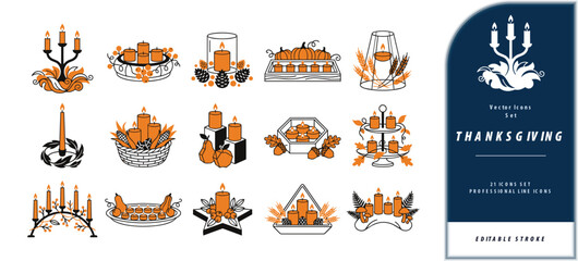 Fototapeta premium Festive thanksgiving candle centerpiece icon sheet featuring seasonal autumn decorations and holiday elements for creative graphic design project layouts
