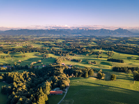 Aerial drone view of green rolling hills and countryside near Auerberg with Bavarian Alps panorama in golden evening light, rural Allg&auml;u landscape concept