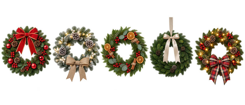 Set of Christmas wreaths with bows isolated on transparent