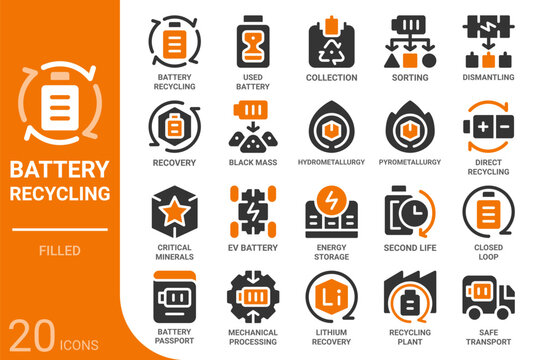 battery recycling filled glyph icon collection for web, app, UI, UX, dashboard, presentation and infographic and print design