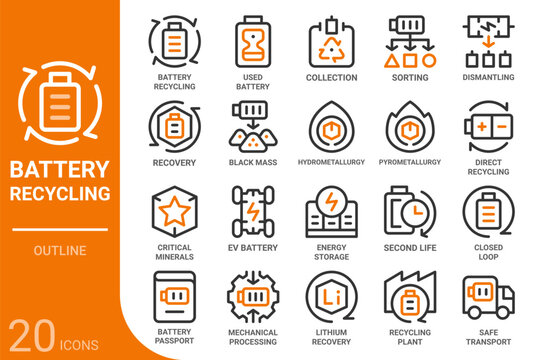 battery recycling outline icon collection for web, app, UI, UX, dashboard, presentation and infographic and print design