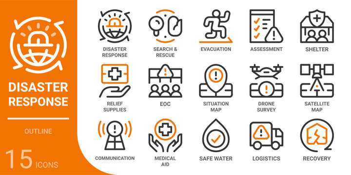 disaster response outline icon collection for web, app, UI, UX, dashboard, presentation and infographic and print design