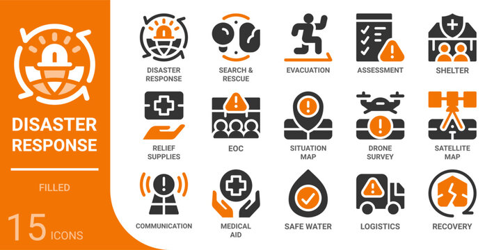 disaster response filled glyph icon collection for web, app, UI, UX, dashboard, presentation and infographic and print design