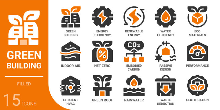 green building filled glyph icon collection for web, app, UI, UX, dashboard, presentation and infographic and print design