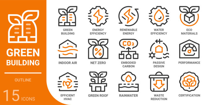 green building outline icon collection for web, app, UI, UX, dashboard, presentation and infographic and print design
