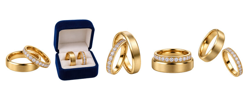 Set of gold wedding rings with diamonds isolated on transparent