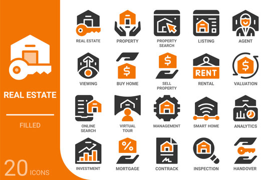 real estate filled glyph icon collection for web, app, UI, UX, dashboard, presentation and infographic and print design