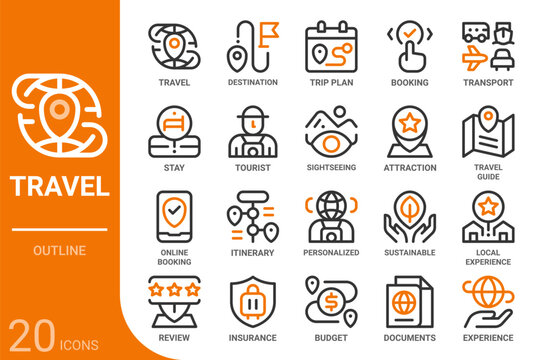 travel and tourism outline icon collection for web, app, UI, UX, dashboard, presentation and infographic and print design