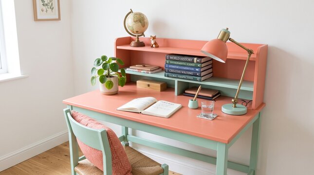Study desk with books and a lamp styled in a bright interior