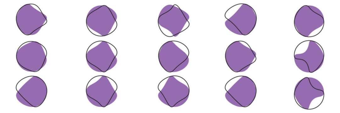 Random purple blob circles silhouette icon set. Blob shapes vector set. Black abstract spots on a white background. Organic abstract simple fluid stone silhouette elements.