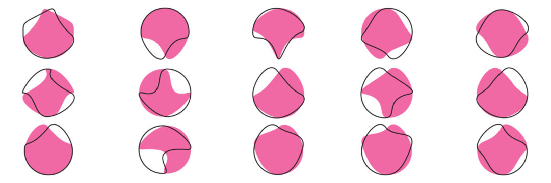 Random pink blob circles silhouette icon set. Blob shapes vector set. Black abstract spots on a white background. Organic abstract simple fluid stone silhouette elements.