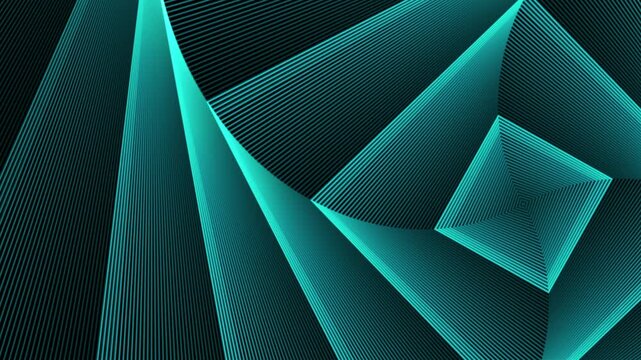 Abstract cyan geometric line spiral background. Modern turquoise square optical illusion backdrop. Dynamic aqua linear tunnel pattern.
