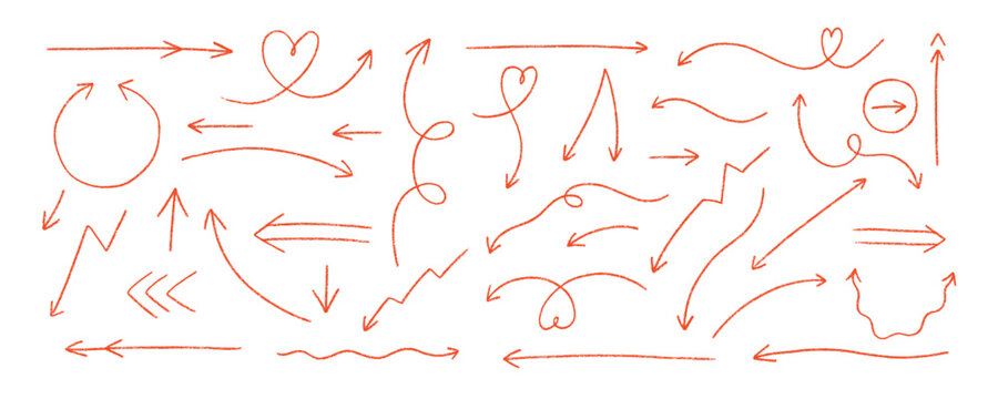 Red Hand Drawn Pencil Line Arrow Set. Thin Handdrawn Brush Line Arrows Kit. Twirl Thin Stroke Pen Arrow Collection. Sketchy Doodle Vector Illustration