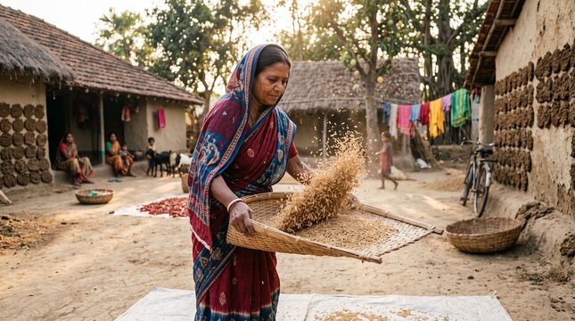 Woman winnowing rice grains in a rural village setting