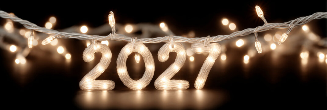Softly glowing fairy lights form the year 2027. Each number is lit by individual bulbs. The string hangs horizontally against a dark background. Warm golden light highlights the numbers' curves