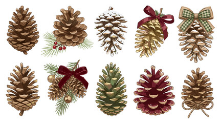 Fototapeta premium Collection of pinecones decorated with ribbons and bows for holiday or winter decor