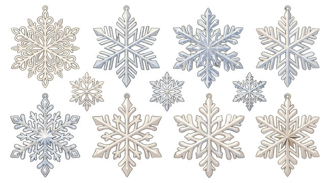 Collection of various snowflakes with intricate patterns and icy textures for winter themes