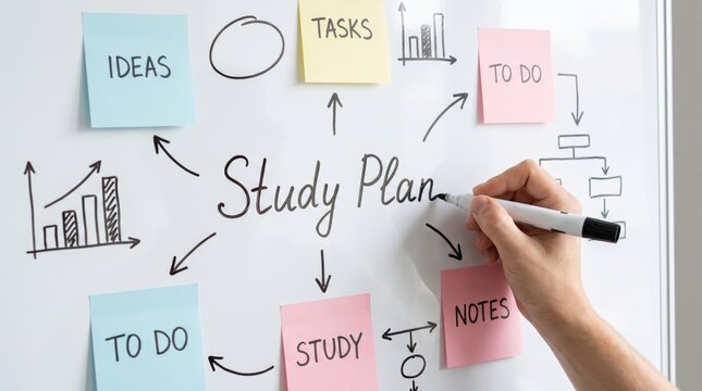 Hand drawing a comprehensive study plan with colorful sticky notes on a whiteboard for effective academic organization and time management strategy