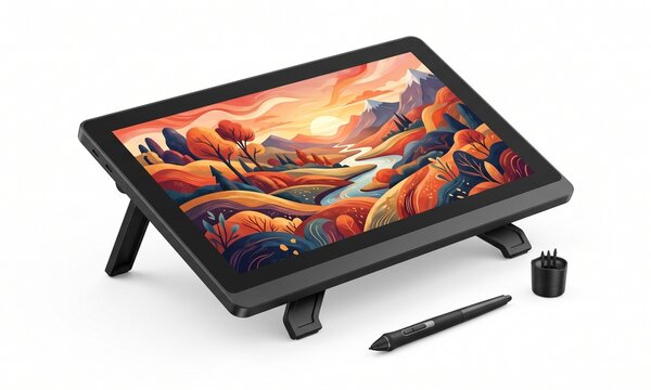 A professional digital drawing tablet with a vibrant landscape illustration on the screen, ideal for creative design projects and artistic workflows