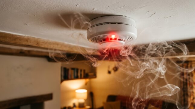A close-up shot of a white smoke detector mounted on a ceiling, flashing with a red warning light as swirling smoke fills the room and triggers the safety alarm system