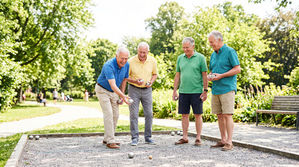 Fototapeta premium Group of senior friends playing petanque together in park