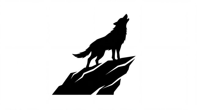 Black silhouette of a wolf howling while standing on top of a sharp rocky cliff with formation against plain howling perched jagged plain white background rock formation illustration wilderness