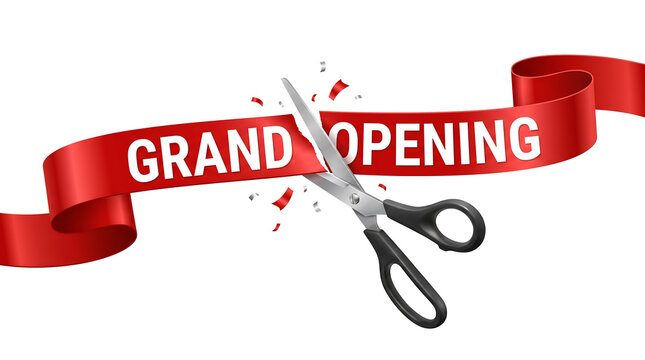 Grand opening ceremony with red ribbon being cut by scissors isolated on white background