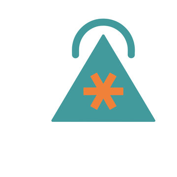 Teal triangle with orange asterisk and arc