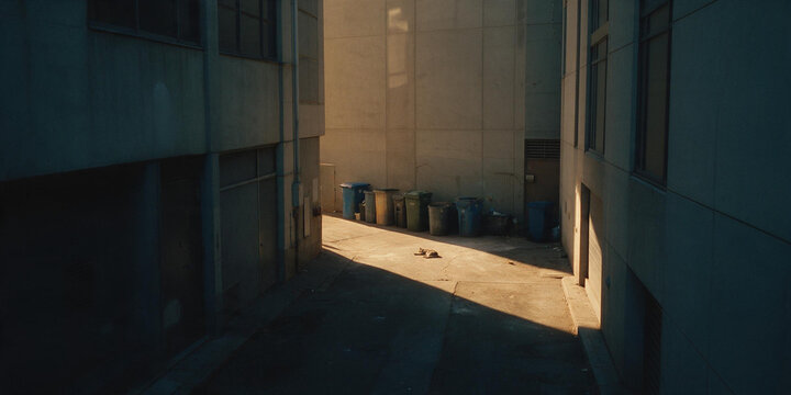 Stray cat sleeping in a sunbeam in an urban alleyway. Unnoticed everyday city architecture with trash bins and deep shadows