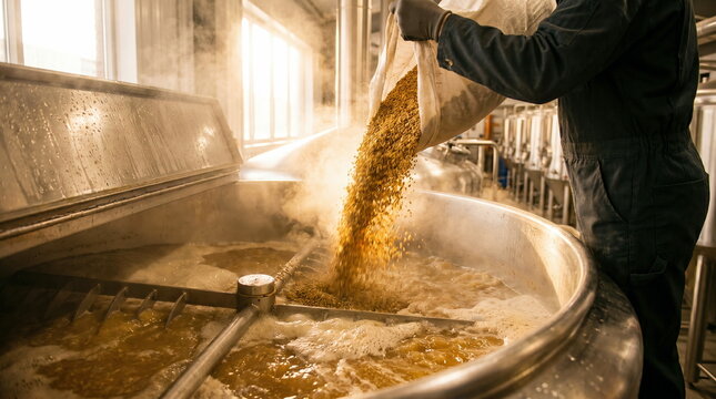 Brewing process with worker pouring malt into large vat, craft beer production in industrial brewery