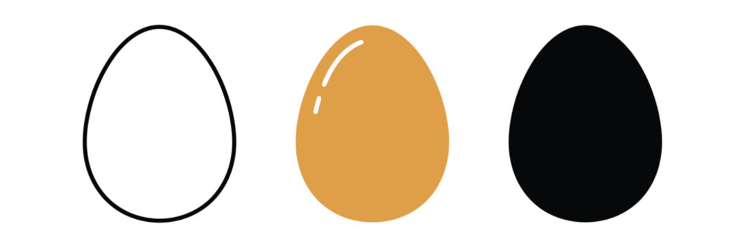 Egg silhouette collection. Minimal egg shapes featuring black outline, golden gradient fill, and solid black designs for easter artwork, food graphics, labels, icons, and templates.