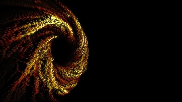 Abstract golden particle spiral vortex backdrop. Glowing gold orange cosmic dust tunnel motion. Futuristic digital swirl animation.