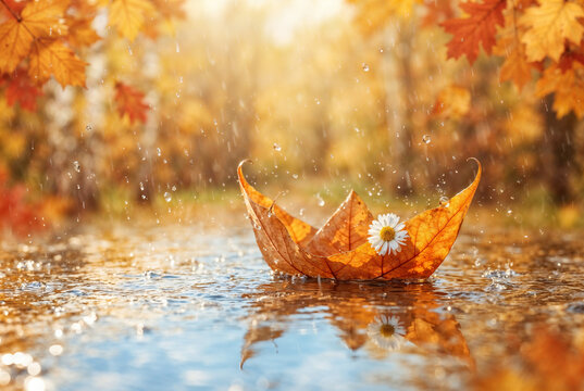 Autumn leaf boat with daisy flower floating in puddle under rain in autumn nature background with golden sunlight bokeh.
