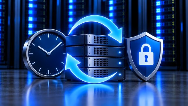 Continuous server data synchronization with glowing blue security shield padlock and clock representing real-time network protection and backup