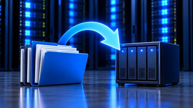 Glowing blue digital folder with download arrow transferring data into server storage device representing information backup network archive