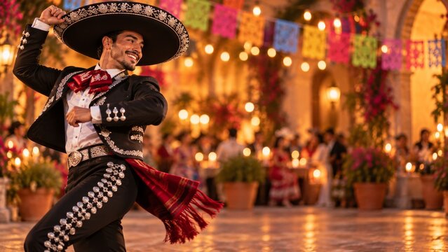 Man in charro attire dances in a decorated courtyard. He wears an embroidered suit and sombrero near candles, flowers, papel picado. D&iacute;a de Muertos celebration and Mexican heritage concept.