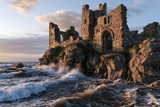 Medieval stone castle ruins on a cliff edge above crashing waves with sunset lighting