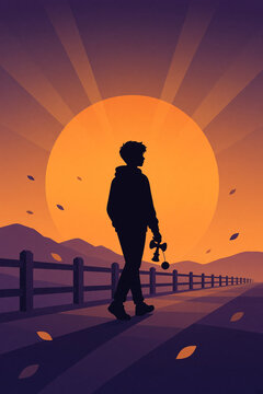 Silhouette of a boy walking with a kendama at sunset. Flat illustration of a teenager holding a traditional Japanese toy in an autumn landscape