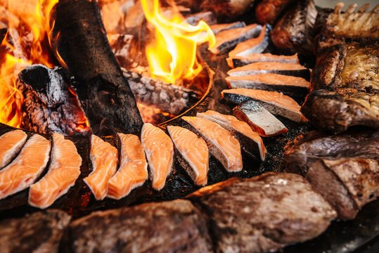 Whole Fish and Meat Grilling on Open Fire